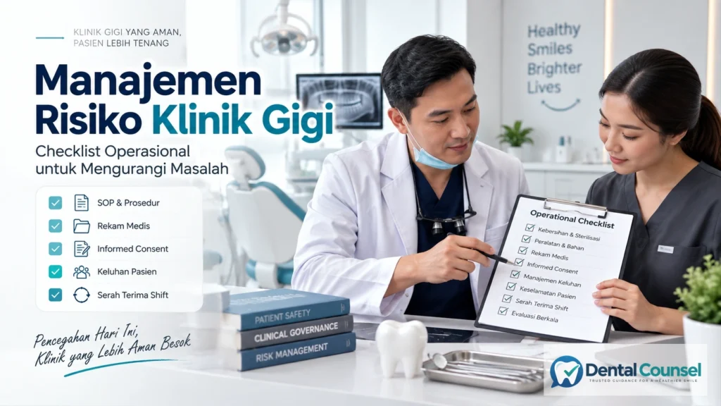 Manajemen risiko klinik gigi dengan checklist SOP, rekam medis, informed consent, keluhan pasien, dan serah terima