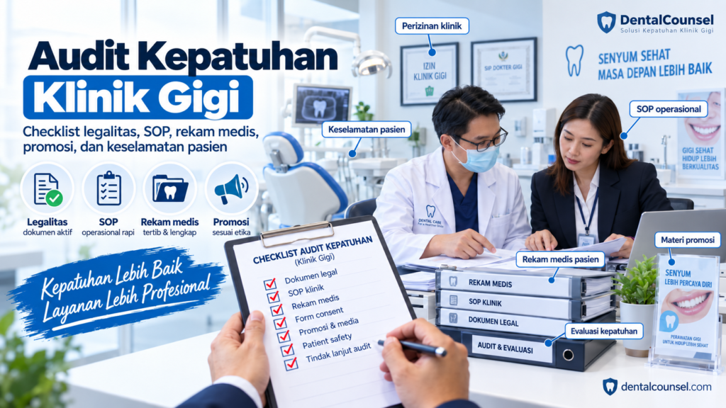 Infografis audit kepatuhan klinik gigi mencakup legalitas, SOP, rekam medis, promosi, keselamatan pasien, dan evaluasi kepatuhan.