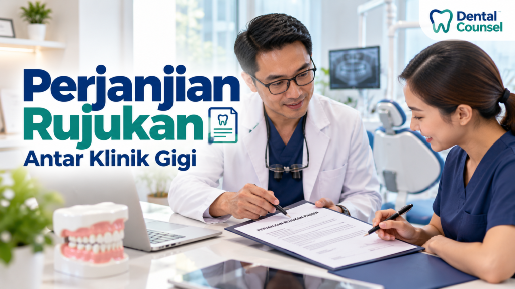 Dokter gigi membahas perjanjian rujukan pasien antar klinik dengan dokumen tertulis