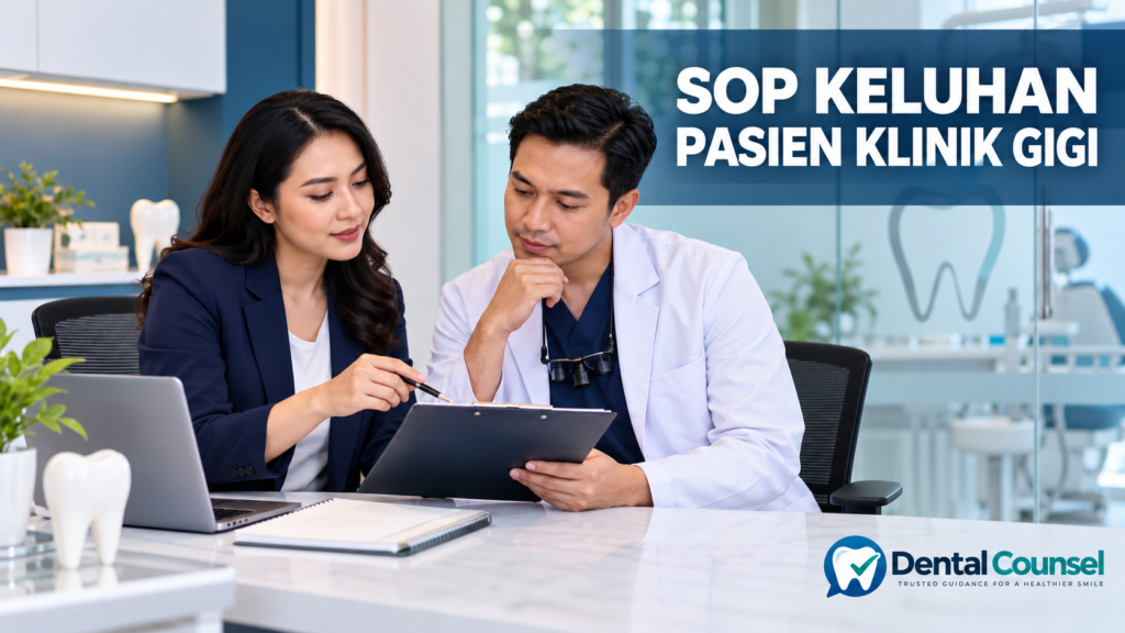 Tim klinik gigi membahas SOP keluhan pasien dengan logo Dental Counsel